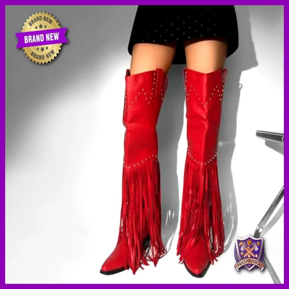 Fringe Tassel Thigh High Over Knee Western Cowboy Boots Wide Calf Stacked Heel
